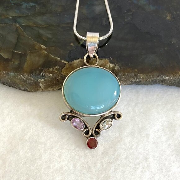 Sterling Silver 925 Chalcedony Amethyst Garnet Iolite Pendant Necklace 20" Chain - Picture 3 of 16